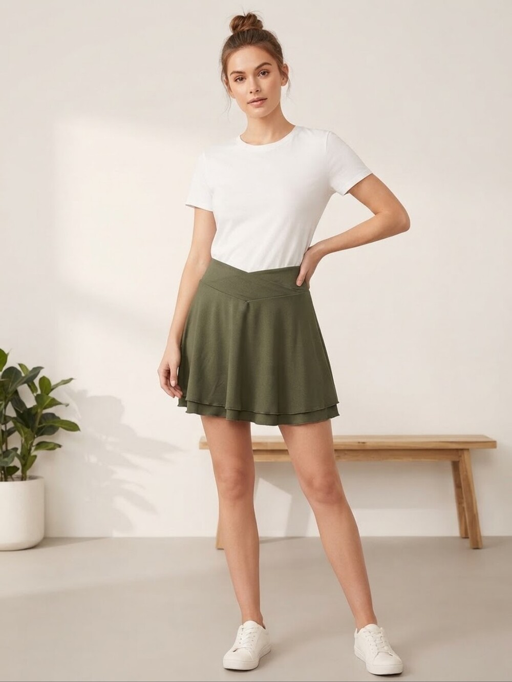 Olive Green V-shaped Waistband Skirt Size L